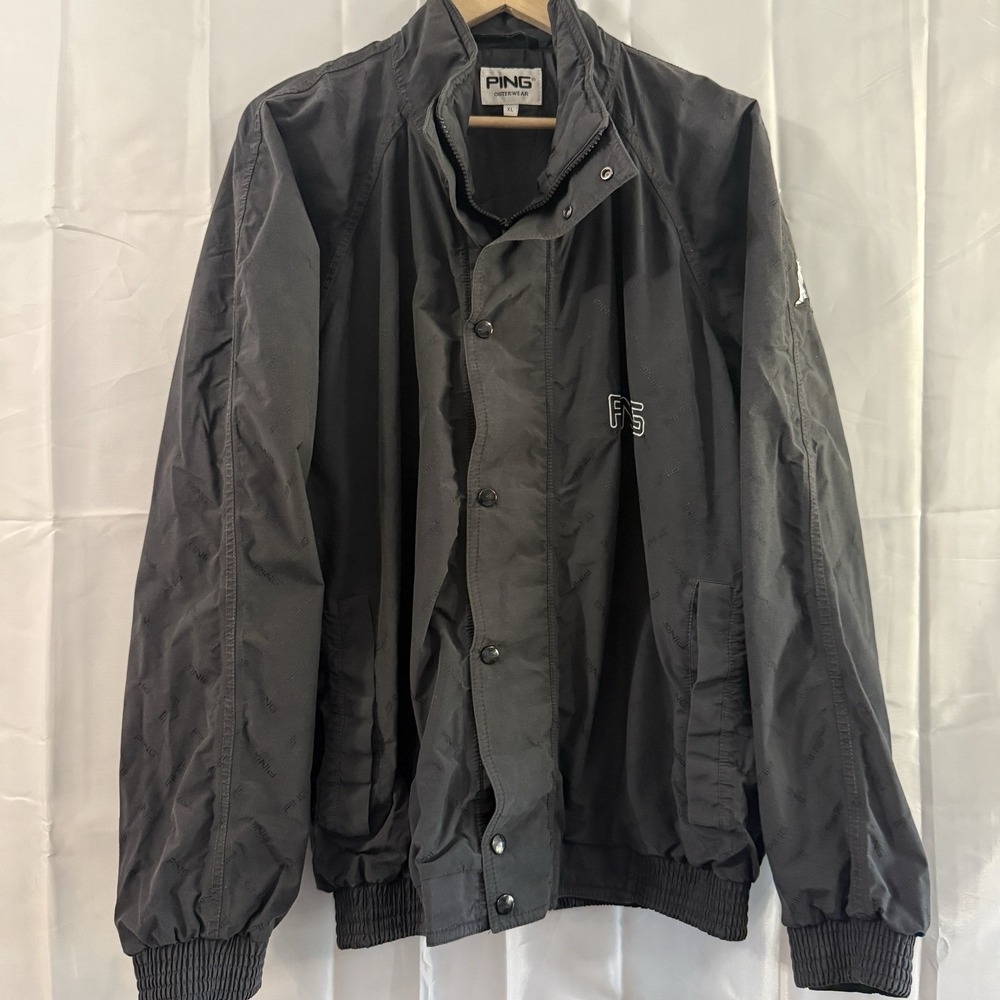 Vintage 90s Ping Mens Black Full Zip All Over Print Golf Logo Jacket Rare XL